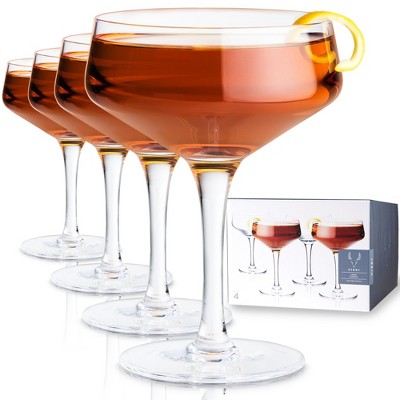 Viski Raye Angled Stemmed Vintage Coupe Glasses Set of 4 - Premium Crystal Clear Cocktail Glasses & Champagne Coupe Drinks Gift Set - 7oz