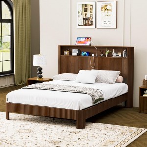 KWPZQEB Bed Frame with 2-Tier Storage Headboard, Wood Platform Bed Frame with Built in Charging Station, Metal Support/Noise-Free/No Box Spring Needed - 1 of 4