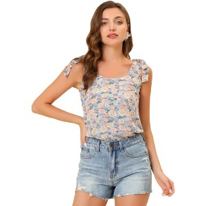 Allegra K Women's Sleeveless Casual Bow Tie Decor Strap Chiffon Floral Tank Tops - 1 of 4