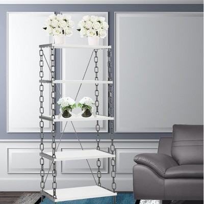 INFURNIC Decorative Bookshelf Industrial Chic Display Shelf with Powder-Coated Chain Frame, White, 23.62"*11.81"*67.32"