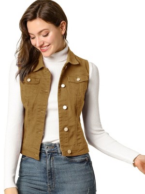 INSPIRE CHIC Women's Buttoned Washed Denim Vest with Faux Chest Flap Pockets