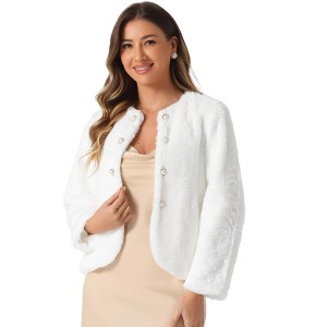 Allegra K Women's Faux Fur Long Sleeve Pockets Pearl Button Fluffy Cropped Cardigan Outerwear - 1 of 4