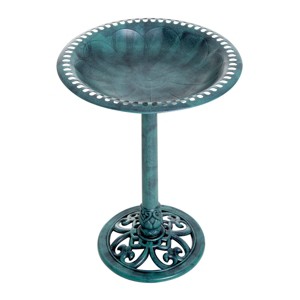 Yukimo 28" Outdoor Bird Bath, Resin Garden Decor with Fleur De Lis Pattern and Time-Worn Verdigris Finish, Shell-Shaped Basin - 1 of 4