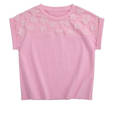 Girls Short Sleeve T-Shirt Top Solid Roll Up Cuffs Crew Neck Fashion Tees with Spliced 3D Floral 3-12Y