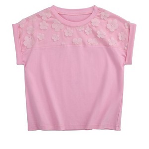 Girls Short Sleeve T-Shirt Top Solid Roll Up Cuffs Crew Neck Fashion Tees with Spliced 3D Floral 3-12Y - 1 of 4