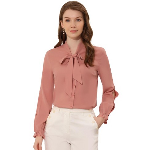 Allegra K Women's Regular Fit Elegant Bow Tie Neck Long Sleeve Work Shirt  Dusty Pink X-large : Target