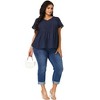 Agnes Orinda Women's Plus Size Contrast Panel Eyelet V Neck Elastic Back Short Sleeve Blouses - 3 of 4