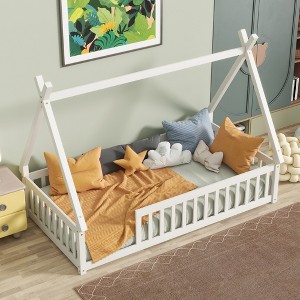 Whisen Full Tent-shaped Floor Bed with Guardrails & Door - 1 of 4
