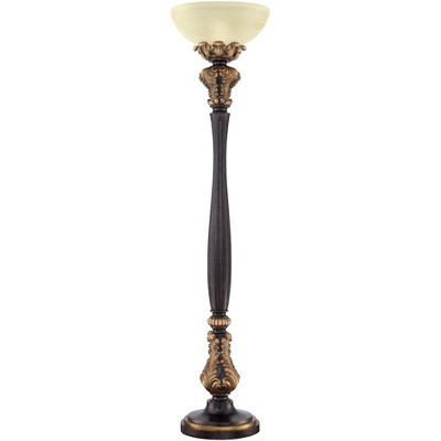 Barnes and Ivy Traditional Torchiere Floor Lamp 75" Tall Carved Wood Amber Glass Shade Foot Dimmer for Living Room Bedroom Office House