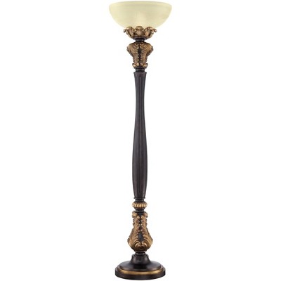 Barnes and Ivy Traditional Torchiere Floor Lamp 75" Tall Carved Wood Amber Glass Shade Foot Dimmer for Living Room Bedroom Office Uplight