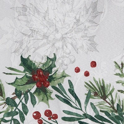 Holly Berry Flourish White and Green Polyester Holiday Tablecloth