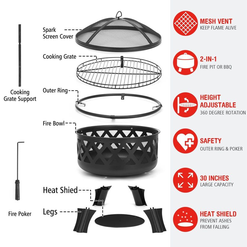 SINGLYFIRE 30 Inch Fire Pit with Rotatable & Liftable BBQ Grill Round Outdoor Camping, 4 of 9