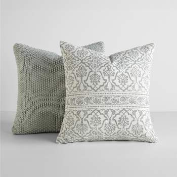 2-Pack Eucalyptus Throw Pillows Seed Stitch Knit with Cotton Patterns in Antique Floral - Becky Cameron, Eucalyptus, 20 x 20