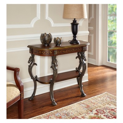 42" Wyatt Traditional Demi Lune Console Table Iron Horse Detail Cherry - Powell: Warm Cherry Finish, Lower Shelf Storage