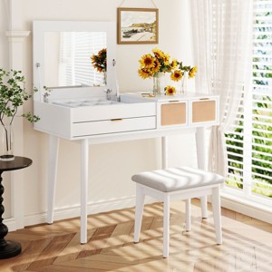 43.3'' Classic Wood Dresser Table with Flip-Top Mirror Makeup Vanity Set, Dressing Table with 3 Drawers, Storage Space & Stool – Cuddlewood - 1 of 4