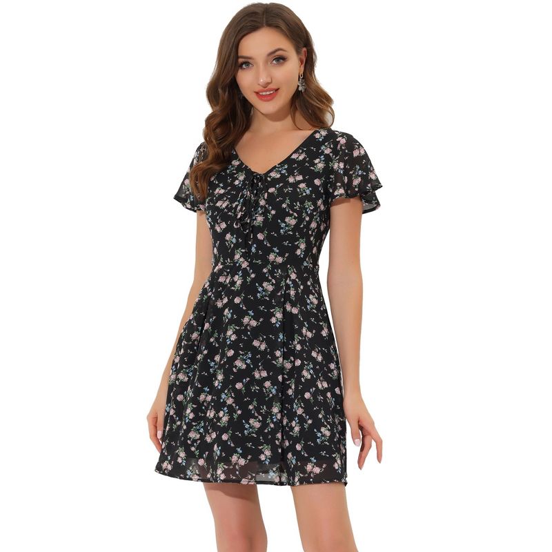 Allegra K Women's Floral Printed Flare Short Sleeve Lace-up V Neck Chiffon Dress, 1 of 8