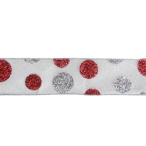 Northlight Metallic Silver and Red Glittered Polka Dots Christmas Wired Craft Ribbon 2.5" x 16 Yards - 1 of 3