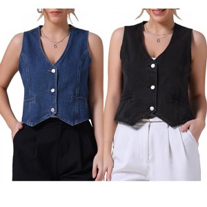 INSPIRE CHIC Women's Sleeveless V Neck Button Down Jean Crop Denim Tank Tops 2 Packs - 1 of 4