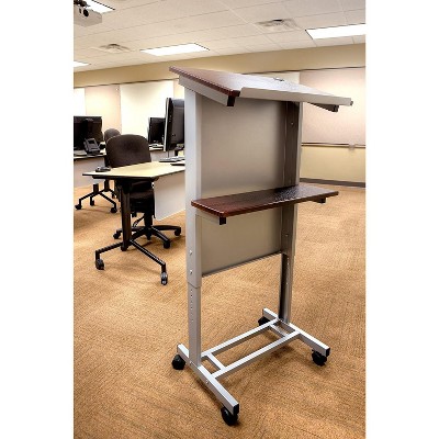 Adjustable Height Silver Frame Rolling Lectern with Walnut Shelves