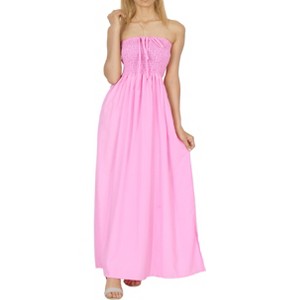 LA LEELA Women's House Daily Routine Evening Wear Solid Smocked Top Maxi Slit Dress Casual Strapless Tube Dresses for Women - 1 of 3