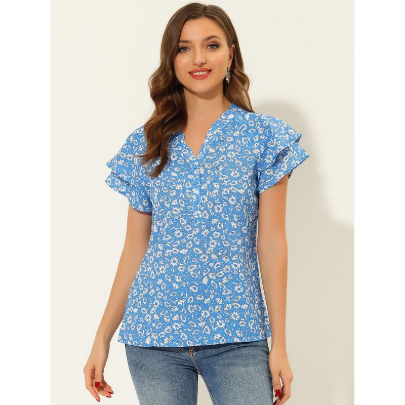 Allegra K Women's Summer V Neck Cap Short Sleeve Button Floral Print Shirt, 2 of 6