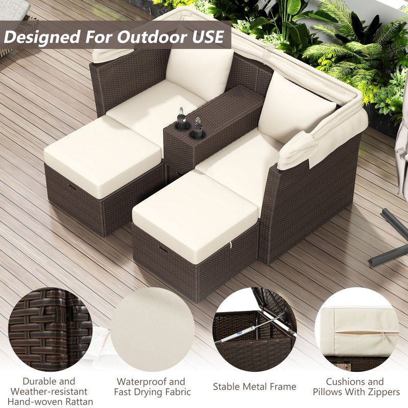 2-Seater Outdoor Patio Rattan Daybed, Convertible Loveseat Conversation Set with Foldable Awning-ModernLuxe, 4 of 13