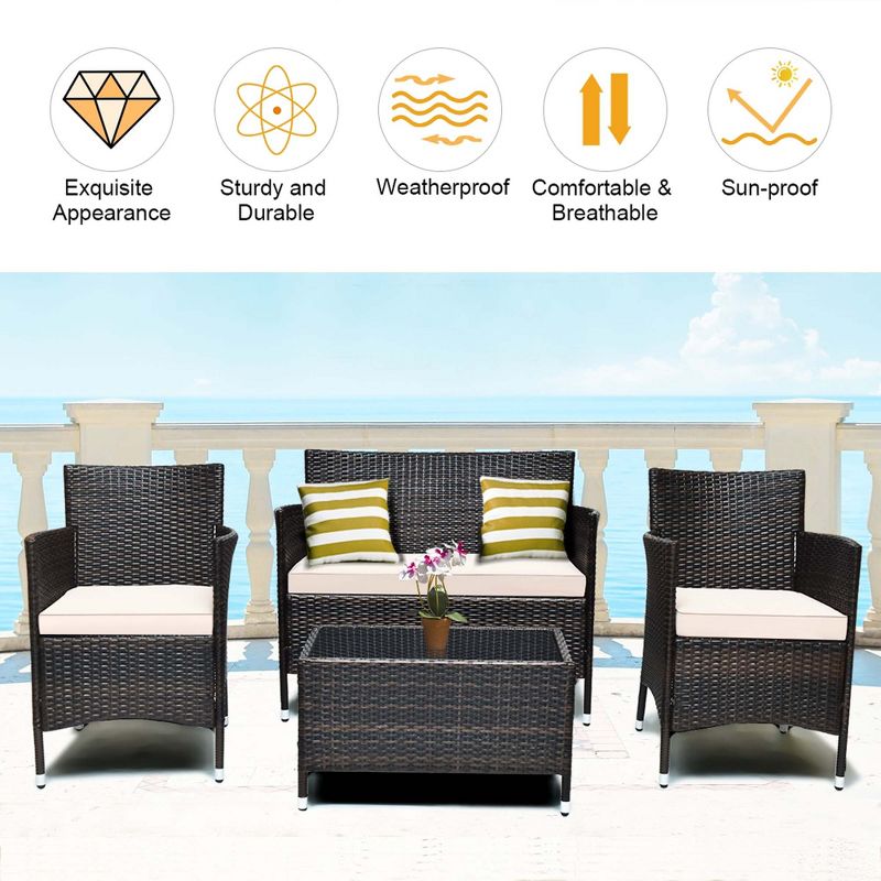Costway 8PCS Patio Wicker Furniture Set Sofa Chair with Brown & Red Cushion Covers Garden, 5 of 10