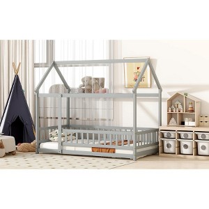 MAYEERTY Twin House Floor Wooden Bed with Roof Frame, Safety Guardrails Gray - 1 of 4