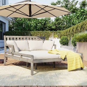 Outdoor Daybed, Patio Sunbed, Wooden Chaise Lounger Chair with Cushion & Four Pillows for Poolside, Backyard, Garden - ModernLuxe - 1 of 4