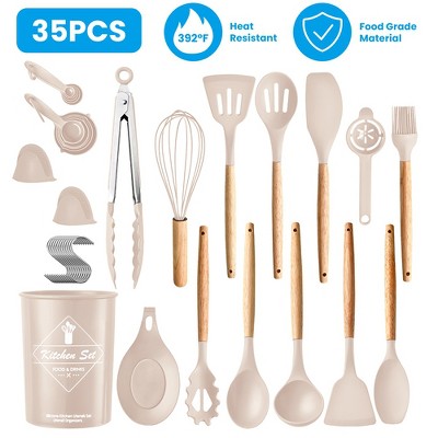 35-Piece Khaki Silicone and Wood Kitchen Utensils Set