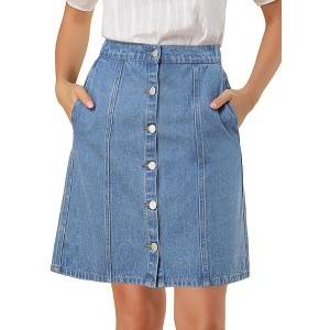 Allegra K Women's Elastic Back Short Button Down Denim Skirts with Pockets - 1 of 4
