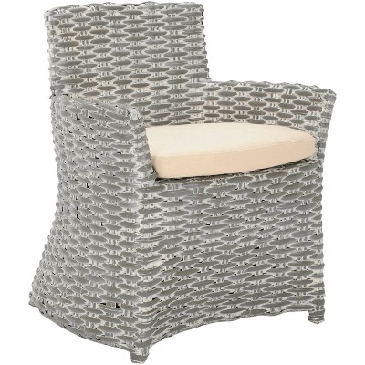 Modern Coastal Cabana Rattan Arm Chair with Beige Cushion - Grey White Wash