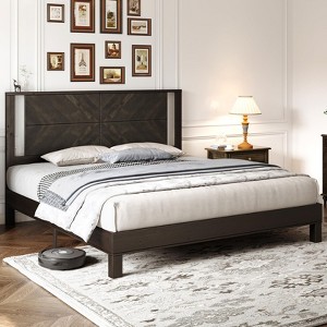 AMERLIFE Solid Wood Bed Frame, Herringbone Headboard, Rustic Platform, No Box Spring - 1 of 4