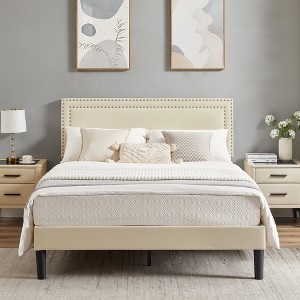 VECELO Velvet Upholstered Platform Bed Frame with Adjustable Headboard, Sturdy Wood Slats & Metal Support, No Box Spring Needed, Twin/Full/Queen Size - 1 of 4