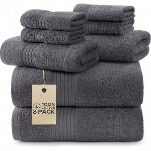 8 Piece Premium Towel Set, 2 Bath 27 X 54, 2 Hand 16 X 28, 4 Washcloths 12 X 12 , 100 Ring Spun Cotton, Highly Absorbent, Grey - 1 of 4