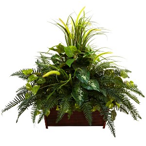 Nearly Natural Mixed Grass & River Fern with Wood Planter - 1 of 1