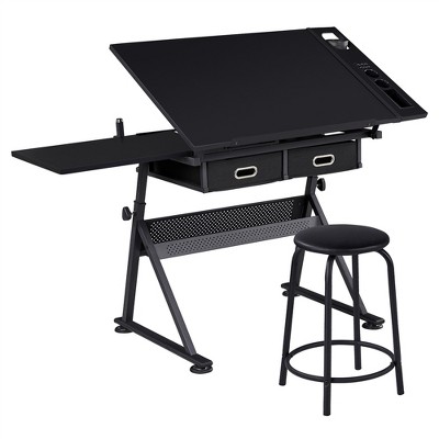 Yaheetech Drafting Table & Stool Set All-in-one Drawing Table, Black ...