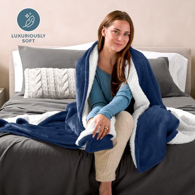 King Dark Blue Reversible Sherpa Fleece Blanket