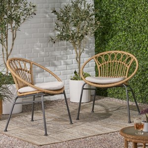 GDFStudio Beulah Outdoor Wicker and Iron Dining Chairs with Cushion (Set of 2), Light Brown/Beige - 1 of 4