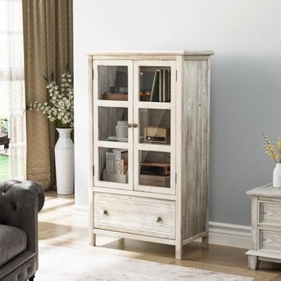 VINGLI Rustic White Storage Cabinet with Glass Doors, Shelves & Cedar Finish, Tempered Glass Display Case with Solid Wood Leg