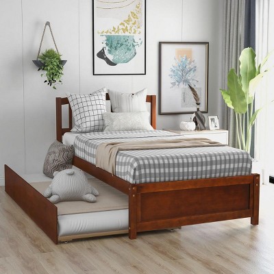 Streamdale Twin size Platform Bed Wood Bed Frame with Trundle, Walnut