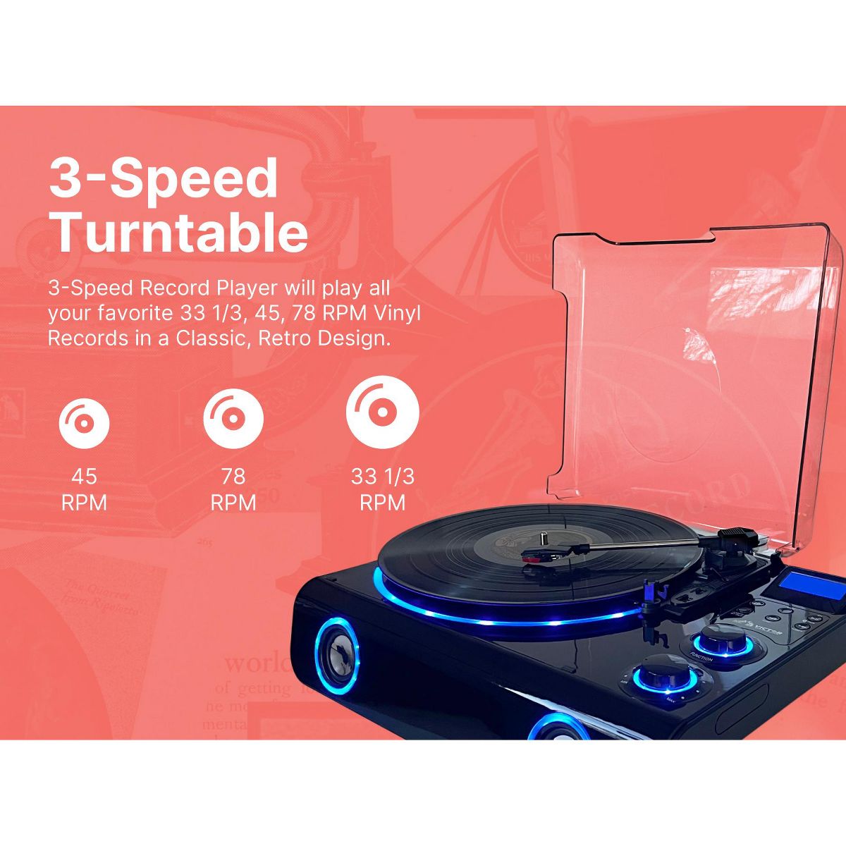 VICTOR Beacon 5-in-1 Turntable System with 3-Speed Record Player, FM Radio, Dual Bluetooth In & Out, Built-in Stereo Speakers, and Blue LED Accent - thumbnail 4