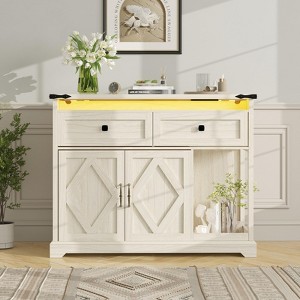 Sideboard Buffet Cabinet, Credenza Storage Cabinet with Lights and Charging Station, Natural White Oak - 1 of 4