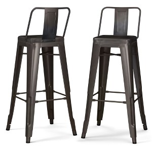 Industrial Metal Barstool with Curved Slatted Back, Footrest, and Cross Brace, Set of 2 for Kitchen, Bar, or Condo - 1 of 4