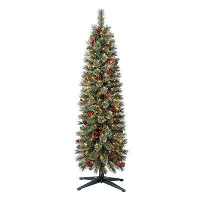 Home Heritage 5 Foot Prelit Easy Assembly Stanley Cashmere Pencil Pine Artificial Christmas Holiday Tree with Clear Lights, Pinecone, and Red Berry