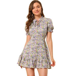 Allegra K Women's Summer Chiffon Ruffle Tie Neck Puff Short Sleeve Floral Dress - 1 of 4