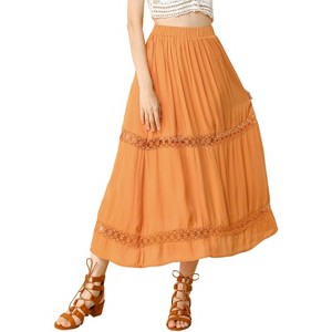 Allegra K Women's Lace Insert Vintage Swing A-Line with Elastic Waist Maxi Skirt - 1 of 4