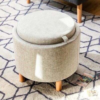 Beige Round Storage Ottoman with Tray and Wood Legs