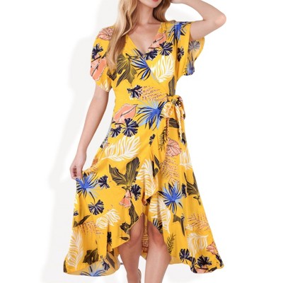 Anna-Kaci Women's Tropical Print High-Low Wrap Dress with Flutter Sleeves