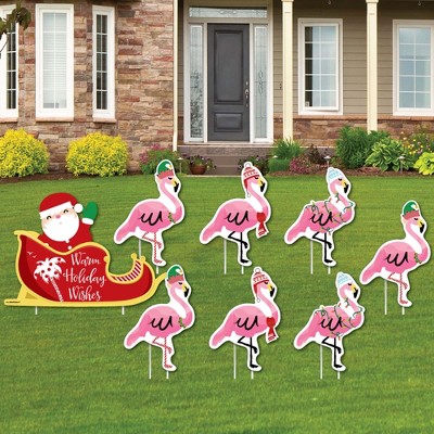 Photo 1 of Big Dot of Happiness Flamingle Bells - Yard Sign and Outdoor Lawn Decorations - Tropical Flamingo Christmas Yard Signs - Set of 8